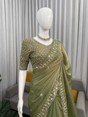 Trending Sequence Work Mehndi Green Silk Saree