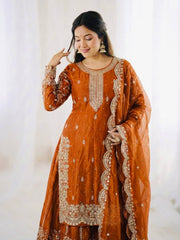 Captivating Orange Fendy Silk Embroidery Palazzo Suit
