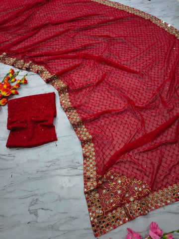 Lovely Red Faux Georgette Jari Work Saree