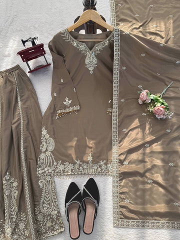 Stunning Brown Heavy Natural Crepe with Intricate Thread Work Sharara Suit