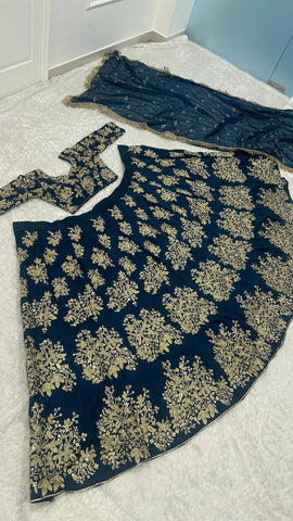 Wedding Navy Blue Polo Silk Zari Work Lehenga Choli