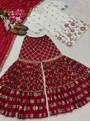 Trendy Red and White Silk with Sequence Work Sharara Suit