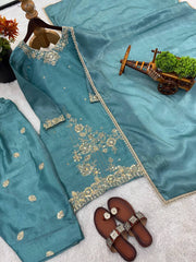 Amazing  Aqua Blue Silk Embroidery Work Sharara Suit