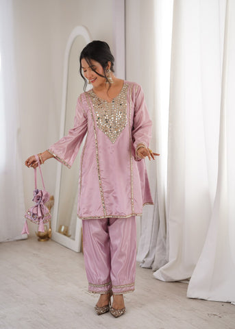 Innovative Pink Mirror Embroidery Kurti Set