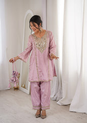 Innovative Pink Mirror Embroidery Kurti Set