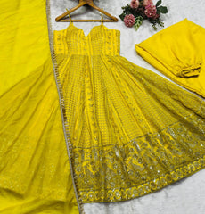 Alluring Yellow Organza with Zari Sequins Work Gown
