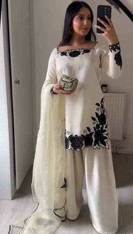 Imposing Cream Fendy Silk Thread Embroidered Kurti Set