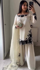 Imposing Cream Fendy Silk Thread Embroidered Kurti Set