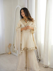 Exclusive Cream Tebby Organza Silk Real Mirror Work Sharara