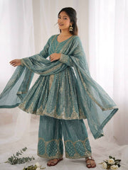 Amazing Green Fendy Silk Embroidery Sequence Work Palazzo Suit