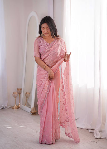 Lovely Pink Silk with Fancy Work Saree