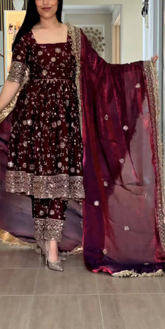 Stunning Maroon Heavy Fandy Silk Embroidery Work Gown