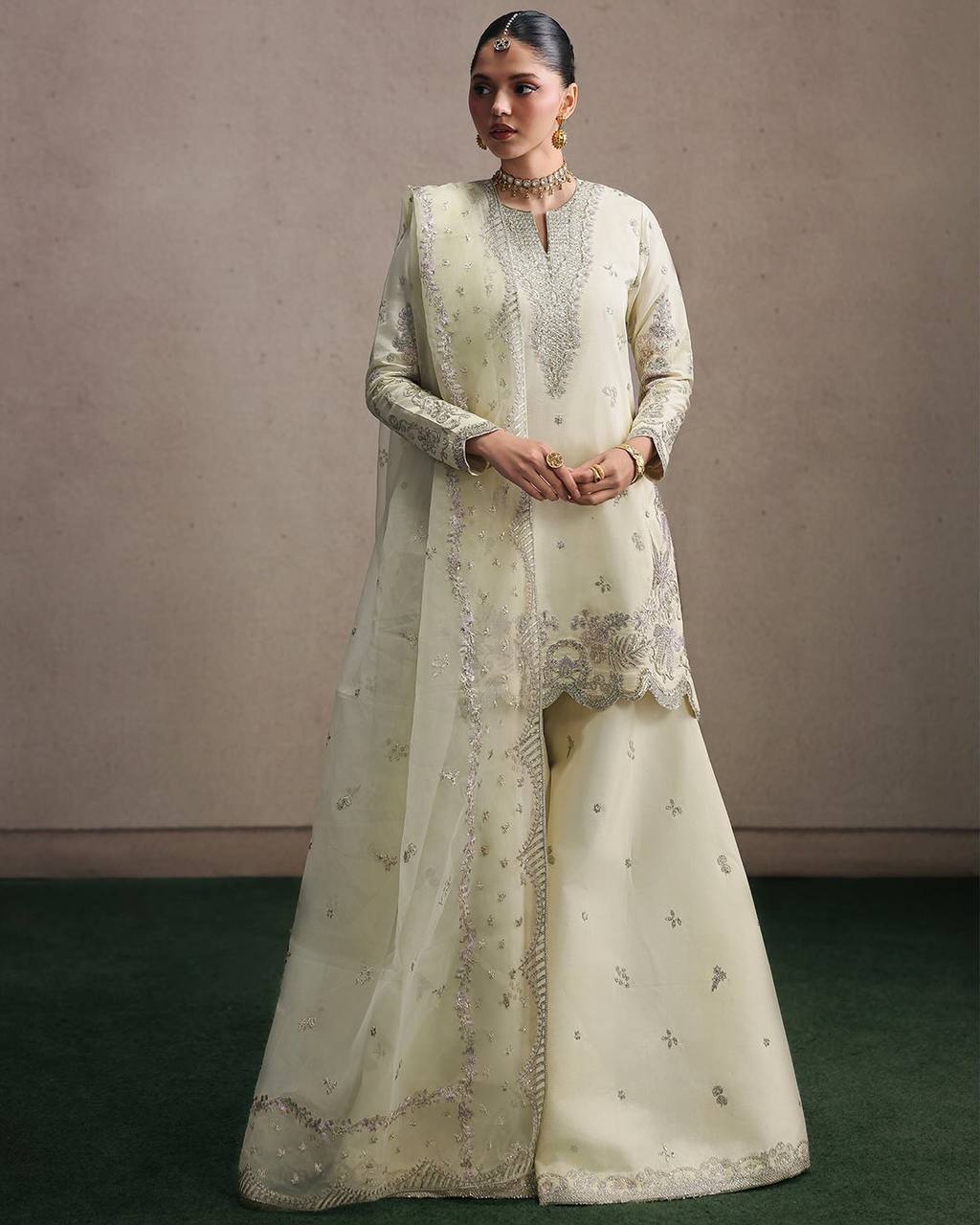 Marvelous Cream Heavy  Sequence Work Sharara Suit