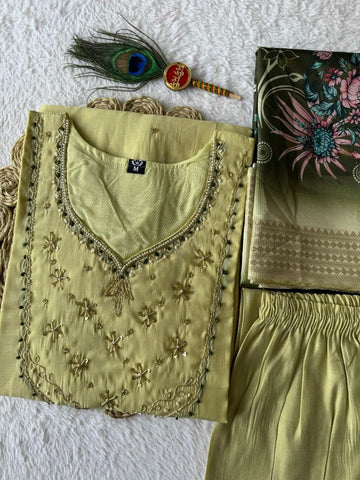 Exclusive Elaichi Mul Chanderi with Hand Work Suit
