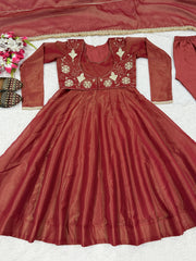 Stylish Red Color Silk with Koti Work Anarkali Suit