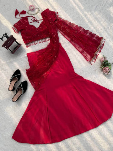 Luxuriant Red Natural Crepe Thread Work Lehenga Saree