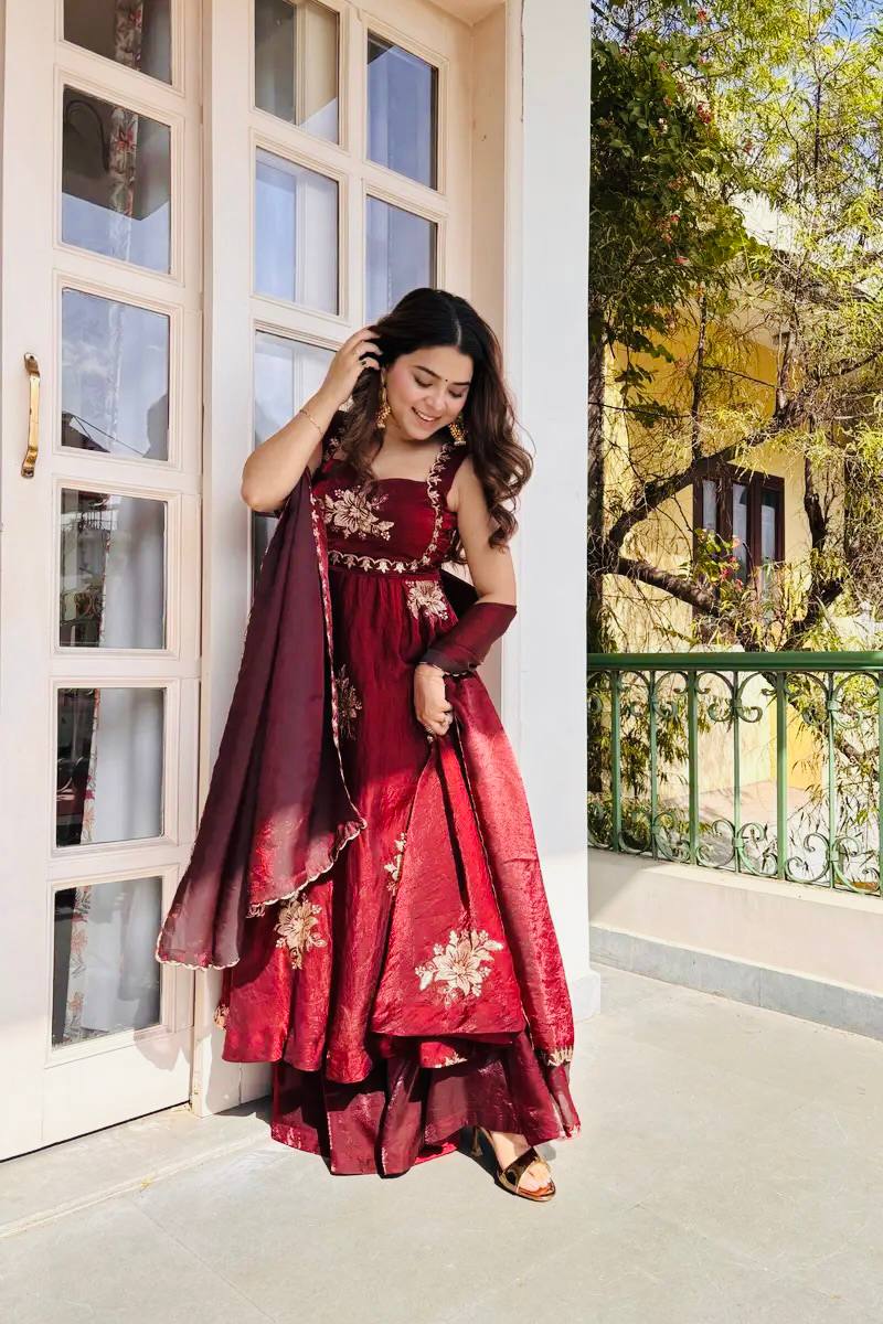 Stunning Maroon Pure Silk Embroidered Gown