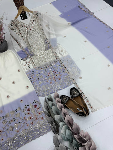 Fabulous White Georgette with Embroidery Work Palazzo Suit