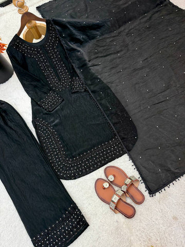 Amazing Black Silk Embroidery Work Sharara Suit