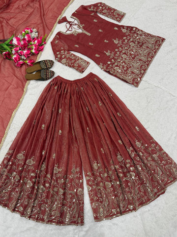 Pretty Maroon Heavy Crunchy Silk Embroidered Sharara Suit