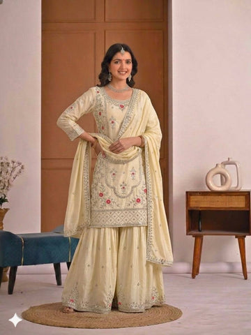 Beautiful Orange Natural Crep Embroidered Sharara Suit