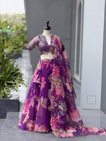 Shining Purple Organza Sequence Work Lehenga