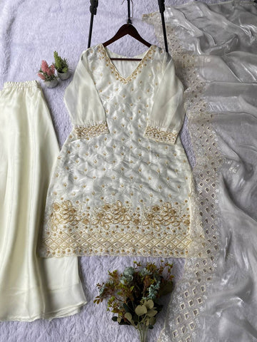 Lovely White Fendy with Beads Work Kurti Set