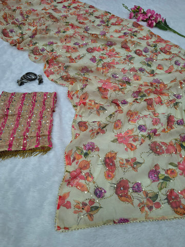 Pink Digital Floral Print, Sequins Embroidery Saree