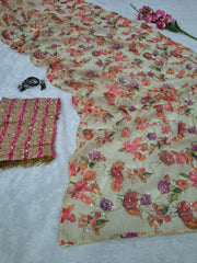 Pink Digital Floral Print, Sequins Embroidery Saree