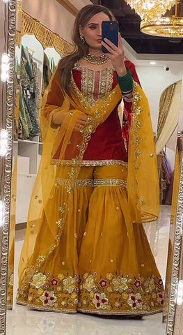 Stunning Green Faux Georgette Silk Embroidery Sharara Suit