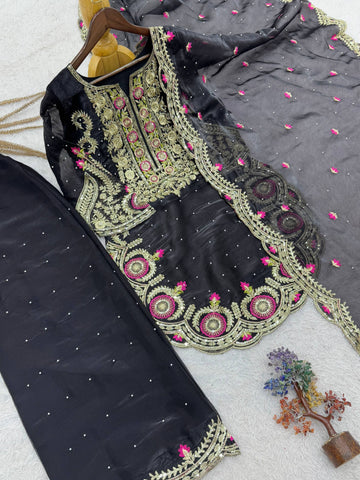 Beautiful Black Silk with Sequence Work Sharara Suit