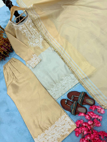 Alluring Beige Banarasi Silk Embroidered Palazzo Suit