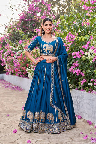 Mesmerizing Blue Vichitra with Embroidery Sequence Work Lehenga