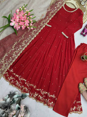 Elegant Red Fox Georgette Embroidery Work Gown