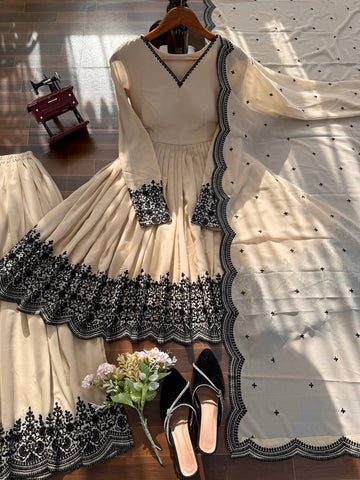 Gorgeous Cream Faux Georgette Embroidery Work Sharara Suit