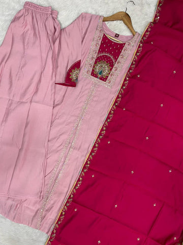 Lovely Pink Roman Silk Multi Embroidery Anarkali Kurti Set
