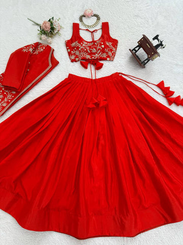Stunning Red Havy Chinon Silk Plain Lehenga