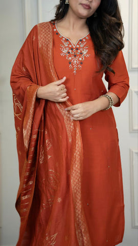 Amazing Rust Color Hand Work Kurti Set