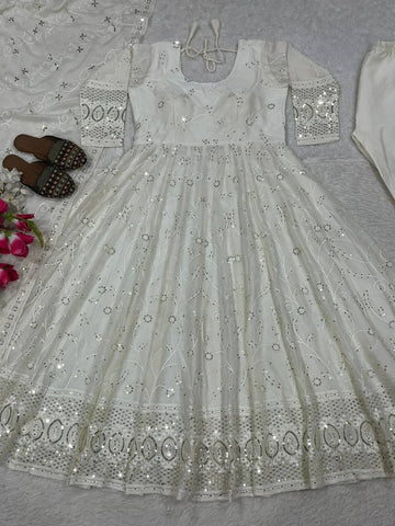 Amazing White Georgette Sequence Work Anarkali Suit