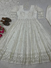 Amazing White Georgette Sequence Work Anarkali Suit