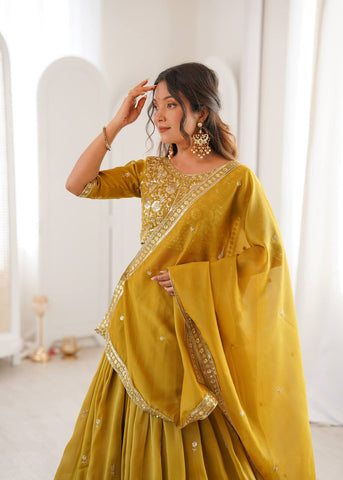 Charming Yellow Havy Simmer Silk Thread Work Lehenga