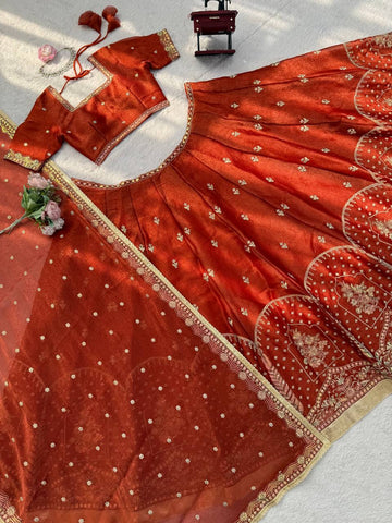 Exclusive Rust Silk With Thread Work Lehenga Choli