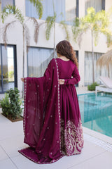 Lovely Wine Rangoli Crush with Multiwork Gown