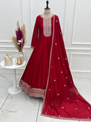 Stylish Red Vichitra Silk with Jari Work Anarkali Suit