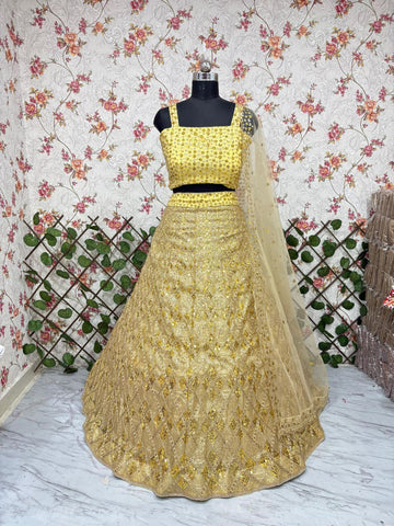 Captivating Yellow Butterfly Net Embroidery Work Lehenga