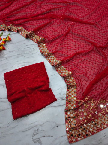 Lovely Red Faux Georgette Jari Work Saree