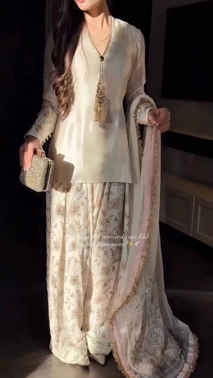 Charming White Satin with Sequence Work Sharara Suit