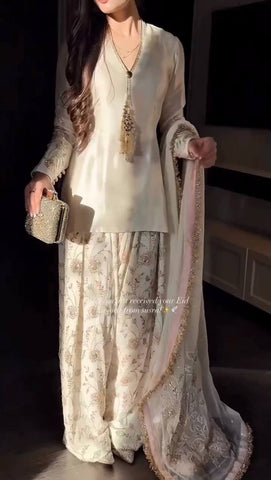 Charming White Satin with Sequence Work Sharara Suit