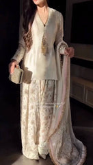 Charming White Satin with Sequence Work Sharara Suit