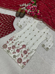 Trendy Red and White Silk with Sequence Work Sharara Suit